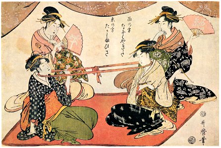 Kitagawa Utamaro – Two Beauties Playing Neck Tug-of-war: For the West, Okita of the Naniwaya, and for the East, Ohisa of the Takashimaya [from Ukiyo-e shuka. Museum of Fine Arts, Boston III]. Free illustration for personal and commercial use.