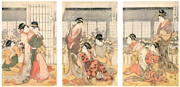 Kitagawa Utamaro – Three Drunken Courtesans, a Triptych: the Angry Drunk, the Weepy Drunk, the Giggly Drunk [from Ukiyo-e shuka. Museum of Fine Arts, Boston III]. Free illustration for personal and commercial use.
