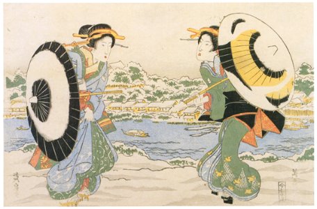 Keisai Eisen – Two girls in snow on die bank of Sumida-gawa River [from The Exhibition of Keisai Eisen in memory of the 150th anniversary after his death]. Free illustration for personal and commercial use.