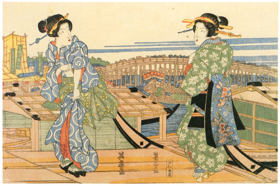 Keisai Eisen – Two girls on die pier [from The Exhibition of Keisai Eisen in memory of the 150th anniversary after his death]. Free illustration for personal and commercial use.