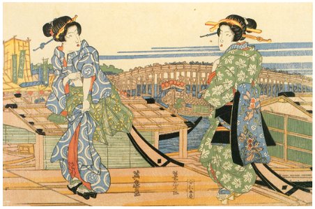 Keisai Eisen – Two girls on die pier [from The Exhibition of Keisai Eisen in memory of the 150th anniversary after his death]. Free illustration for personal and commercial use.