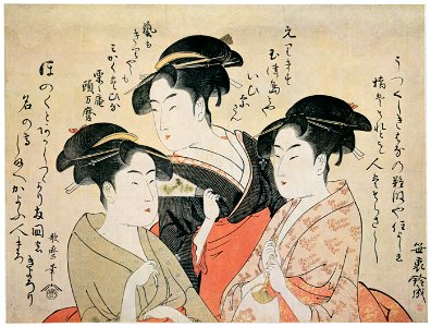 Kitagawa Utamaro – Three Beauties: Okita, Ohisa, and Toyohina [from Ukiyo-e shuka. Museum of Fine Arts, Boston III]. Free illustration for personal and commercial use.