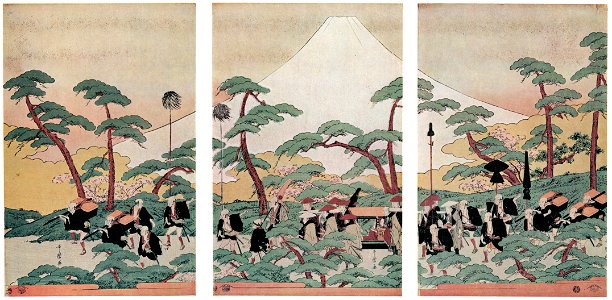 Kitagawa Utamaro – Daimyô’s Procession Passing Mount Fuji [from Ukiyo-e shuka. Museum of Fine Arts, Boston III]. Free illustration for personal and commercial use.