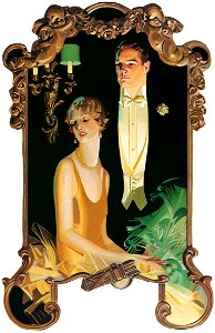 J. C. Leyendecker – Man with Seated Lady [Arrow Collar advertisements. Courtesy Cluett. Peabody & Co., Inc.] [from The J. C. Leyendecker Poster Book]. Free illustration for personal and commercial use.
