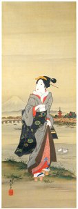 Keisai Eisen – Geisha on the bank of Sumida-gawa River in Spring [from The Exhibition of Keisai Eisen in memory of the 150th anniversary after his death]. Free illustration for personal and commercial use.
