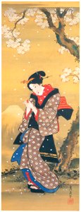 Keisai Eisen – Beautiful woman with a Japanese bladder cherry in her hands [from The Exhibition of Keisai Eisen in memory of the 150th anniversary after his death]. Free illustration for personal and commercial use.