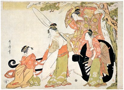 Kitagawa Utamaro – Four Beauties in a Parody of the Carriage-pulling Scene [from Ukiyo-e shuka. Museum of Fine Arts, Boston III]. Free illustration for personal and commercial use.