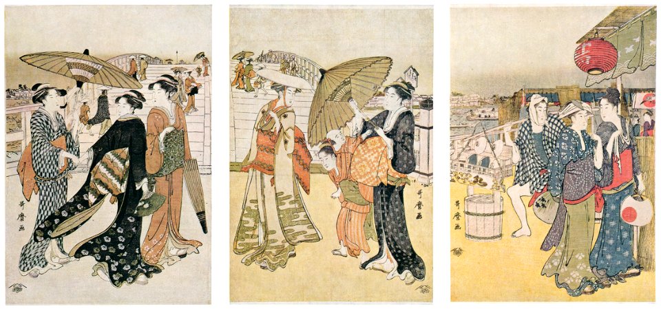 Kitagawa Utamaro – Street Scene at Ryôgoku Bridge [from Ukiyo-e shuka. Museum of Fine Arts, Boston III]. Free illustration for personal and commercial use.