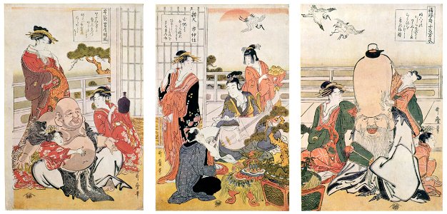 Kitagawa Utamaro – Fukurokuju, Benten, and Hotei at a Party with Courtesans [from Ukiyo-e shuka. Museum of Fine Arts, Boston III]. Free illustration for personal and commercial use.
