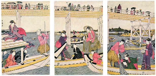 Kitagawa Utamaro – Fishing Boats with Nets under Ryôgoku Bridge [from Ukiyo-e shuka. Museum of Fine Arts, Boston III]. Free illustration for personal and commercial use.
