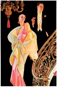 J. C. Leyendecker – Couple Descending a Staircase (Arrow Collar advertisement. Courtesy Cluett, Peabody & Co., Inc.) [from The J. C. Leyendecker Poster Book]. Free illustration for personal and commercial use.