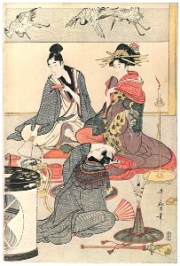 Kitagawa Utamaro – Niwaka Festival Performers in a Yoshiwara Teahouse [Center] [from Ukiyo-e shuka. Museum of Fine Arts, Boston III]. Free illustration for personal and commercial use.