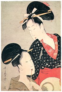 Kitagawa Utamaro – Women Holding a Pipe and a Round Fan [from Ukiyo-e shuka. Museum of Fine Arts, Boston III]. Free illustration for personal and commercial use.