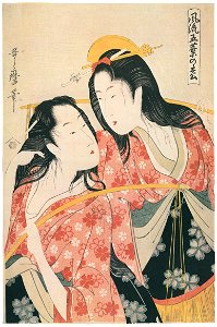 Kitagawa Utamaro – Salt Maidens, from the series Elegant Five-Needled Pine [from Ukiyo-e shuka. Museum of Fine Arts, Boston III]. Free illustration for personal and commercial use.