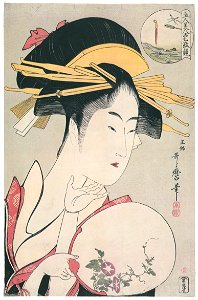 Kitagawa Utamaro – Kisegawa of the Matsubaya, from the series Comparing the Charms of Five Beauties [from Ukiyo-e shuka. Museum of Fine Arts, Boston III]. Free illustration for personal and commercial use.