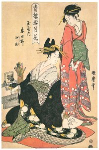 Kitagawa Utamaro – Kasugano of the Tamaya, kamuro Uraba and Hatsuse, from the series Snow, Moon, and Flowers in the Pleasure Quarters [from Ukiyo-e shuka. Museum of Fine Arts, Boston III]