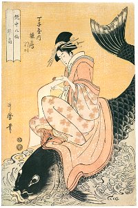 Kitagawa Utamaro – The Immortal Qin Gao, represented by Hinazuru of the Chôjiya, kamuro Tsuruji and Tsuruno, from the series Eight Immortals in the Art of Love [from Ukiyo-e shuka. Museum of Fine Arts, Boston III]. Free illustration for personal and commercial use.