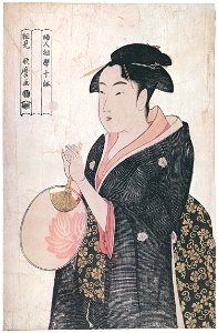 Kitagawa Utamaro – Woman Holding a Round Fan, from the series Ten Types in the Physiogonomic Study of Women [from Ukiyo-e shuka. Museum of Fine Arts, Boston III]. Free illustration for personal and commercial use.