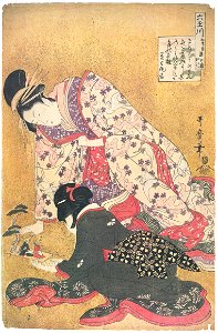 Kitagawa Utamaro – Seyama of the Matsubaya, kamuro Iroka and Yukari, from the series Six Jewel Rivers [from Ukiyo-e shuka. Museum of Fine Arts, Boston III]. Free illustration for personal and commercial use.