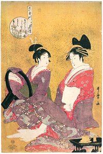 Kitagawa Utamaro – Hanamurasaki of the Tamaya, Kamuro Shirabe and Teriha, from the series Six Jewel Rivers [from Ukiyo-e shuka. Museum of Fine Arts, Boston III]. Free illustration for personal and commercial use.