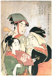 Kitagawa Utamaro – Tea-Whisk Seller, Fire Wood Seller, Shrine Festival Performer, from the series Female Geisha Section of the Niwaka Festival in the Yoshiwara [from Ukiyo-e shuka. Museum of Fine Arts, Boston III]. Free illustration for personal and commercial use.