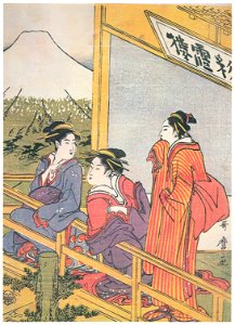 Kitagawa Utamaro – Looking at Mount Fuji from a Teahouse [from Ukiyo-e shuka. Museum of Fine Arts, Boston III]. Free illustration for personal and commercial use.