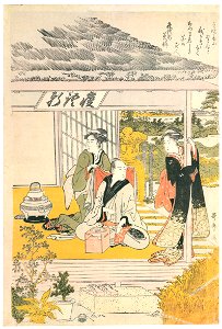 Kitagawa Utamaro – Visiting Shingoken’s Cottage [Left] [from Ukiyo-e shuka. Museum of Fine Arts, Boston III]. Free illustration for personal and commercial use.