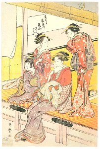 Kitagawa Utamaro – New Year in the Yoshiwara: Kazan of the Tawaraya at Kyô-machi itchôme, kamuro Tsubomi and Fubuki [Right] [from Ukiyo-e shuka. Museum of Fine Arts, Boston III]. Free illustration for personal and commercial use.