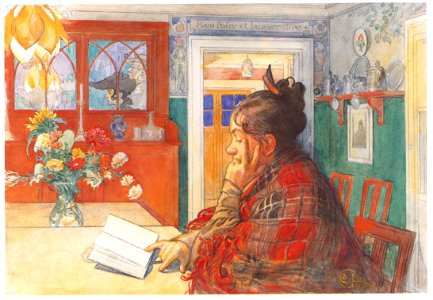 Carl Larsson – Karin Reading [from The Painter of Swedish Life: Carl Larsson]. Free illustration for personal and commercial use.