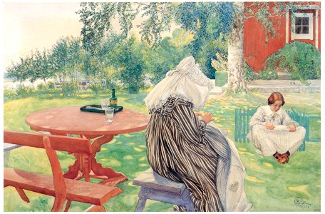 Carl Larsson – Summer’s Day, Karin and Brita in the Garden [from The Painter of Swedish Life: Carl Larsson]. Free illustration for personal and commercial use.