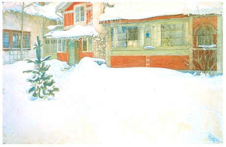 Carl Larsson – The Cottage in Snow [from The Painter of Swedish Life: Carl Larsson]. Free illustration for personal and commercial use.