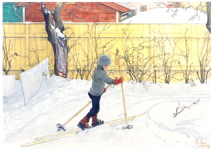 Carl Larsson – Esbjörn on Skies [from The Painter of Swedish Life: Carl Larsson]. Free illustration for personal and commercial use.
