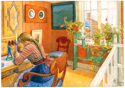 Carl Larsson – Letter Writing [from The Painter of Swedish Life: Carl Larsson]. Free illustration for personal and commercial use.
