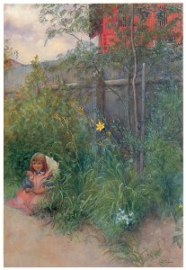 Carl Larsson – Brita in the Flowerbed [from The Painter of Swedish Life: Carl Larsson]. Free illustration for personal and commercial use.