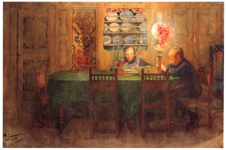 Carl Larsson – Homework [from The Painter of Swedish Life: Carl Larsson]. Free illustration for personal and commercial use.