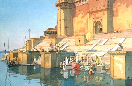 Yoshida Hiroshi – The Ghat at Banaras [from Fukuoka Art Museum]. Free illustration for personal and commercial use.