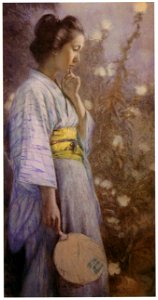 Yoshida Hiroshi – Evening Primrose and Woman in Yukata [from Fukuoka Art Museum]. Free illustration for personal and commercial use.