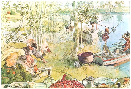 Carl Larsson – Crayfishing [from Our Home]. Free illustration for personal and commercial use.