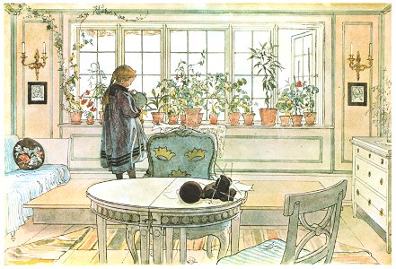 Carl Larsson – Flowers on the Windowsill [from Our Home]. Free illustration for personal and commercial use.