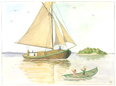 Elsa Beskow – Plate 7 [from Uncle Blue’s New Boat]. Free illustration for personal and commercial use.