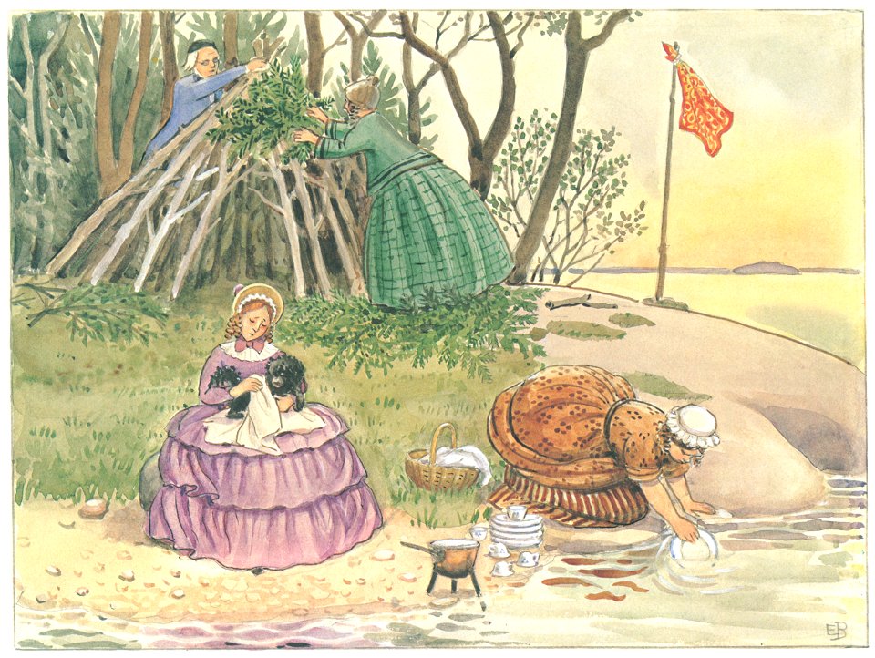 Elsa Beskow – Plate 9 [from Uncle Blue’s New Boat]. Free illustration for personal and commercial use.