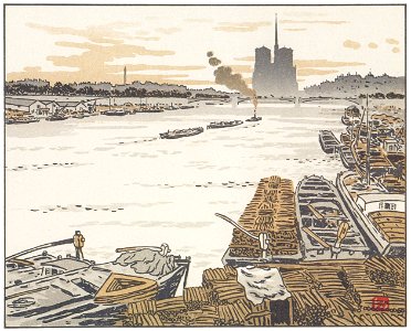 Henri Rivière – Du pont d’Austerlitz [from Les Trente-six Vues de la tour Eiffel]. Free illustration for personal and commercial use.