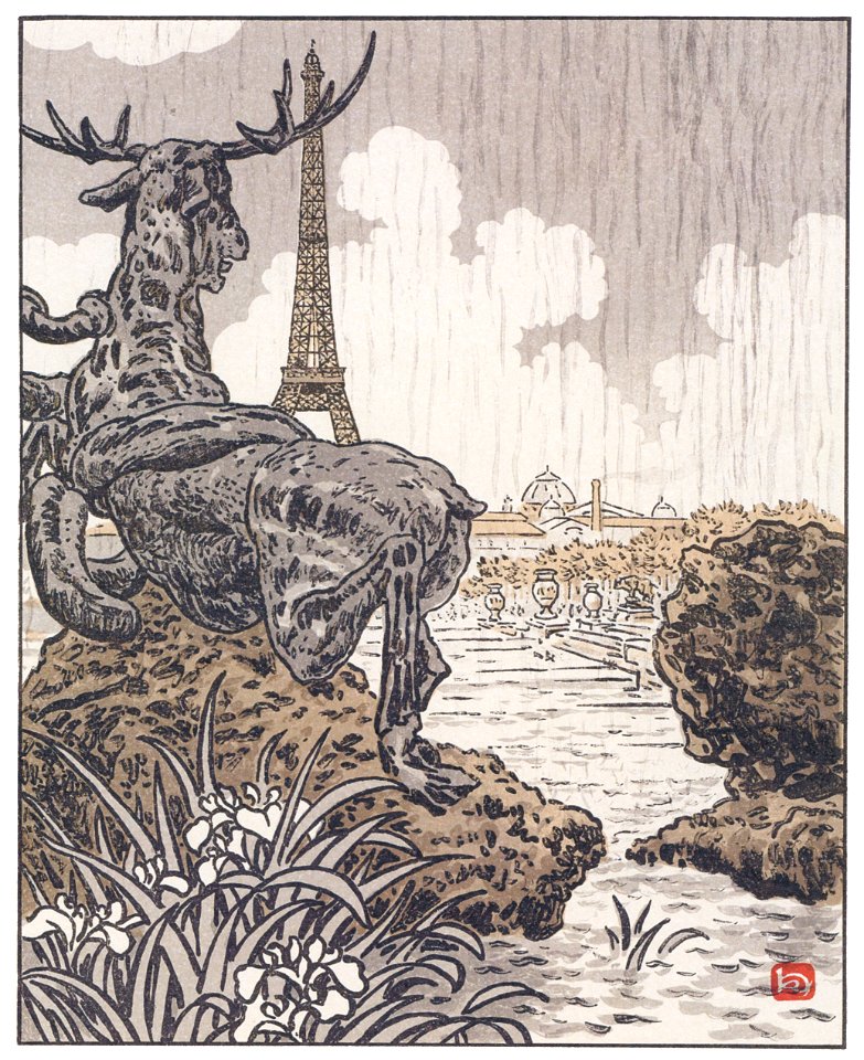 Henri Rivière – Derrière l’élan de Fremiet (Trocadéro) [from Les Trente-six Vues de la tour Eiffel]. Free illustration for personal and commercial use.