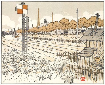 Henri Rivière – Du quai de Javel (baraque d’aiguilleur) [from Les Trente-six Vues de la tour Eiffel]. Free illustration for personal and commercial use.