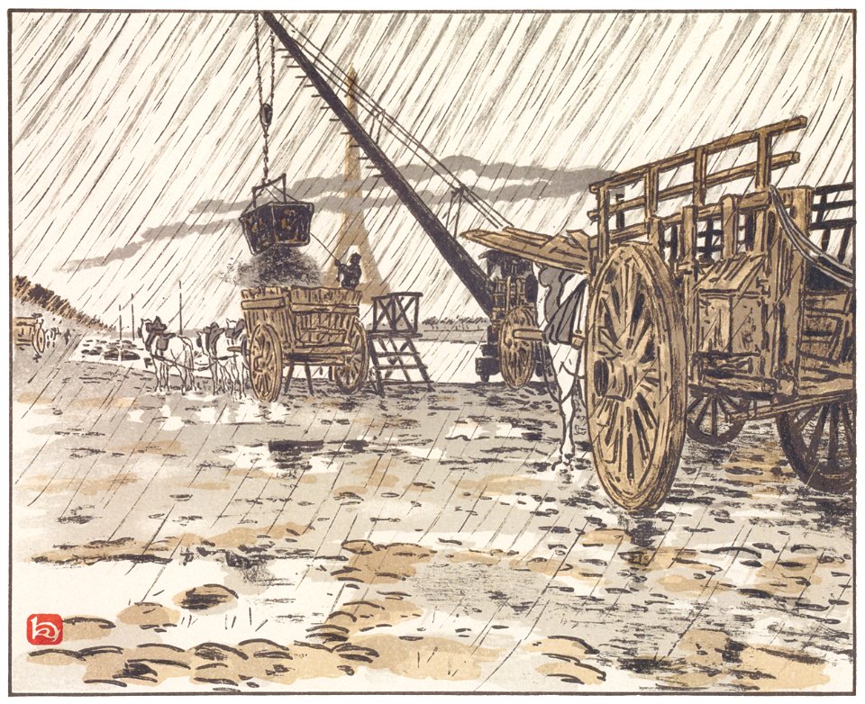 Henri Rivière – Du quai de Passy, par la pluie [from Les Trente-six Vues de la tour Eiffel]. Free illustration for personal and commercial use.