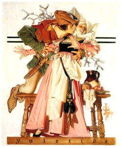 J. C. Leyendecker – Yuletide – The Kiss under the Mistletoe [from The Great American Illustrators]. Free illustration for personal and commercial use.
