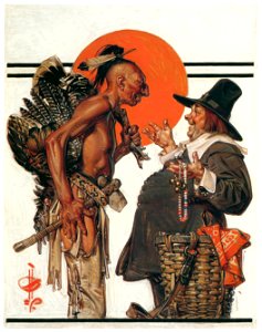 J. C. Leyendecker – Thanksgiving (Indian Bartering with Pilgrim) [from The Great American Illustrators]. Free illustration for personal and commercial use.
