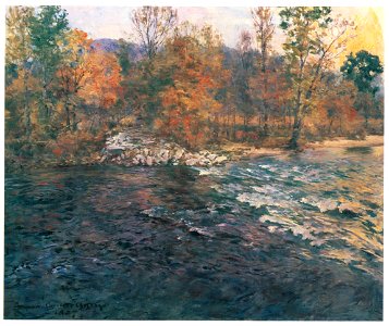 Howard Chandler Christy – Autumn Landscape with Stream [from The Great American Illustrators]. Free illustration for personal and commercial use.