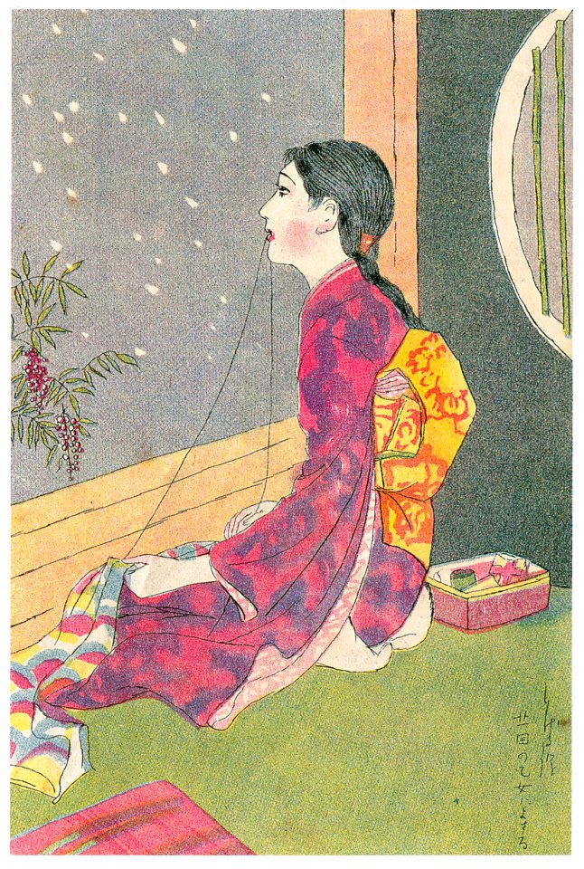 Sudō Shigeru – Girl sewing a spring cloth [from Sudō Shigeru Lyric Art Book]