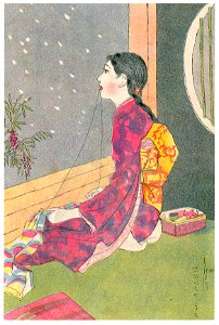 Sudō Shigeru – Girl sewing a spring cloth [from Sudō Shigeru Lyric Art Book]. Free illustration for personal and commercial use.